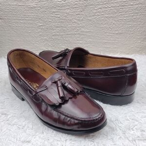 Towncraft Maroon Leather Feather Tassel Upper Low Block Heel Slip On Loafer Shoe